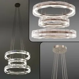 Detailed 3D model of a multi-tiered ceiling pendant light with curved glass design, suitable for various interiors.