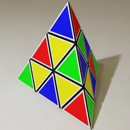 Vibrantly colored Rubik Pyraminx 3D model rendered in Blender, showcasing a customizable pyramid puzzle.