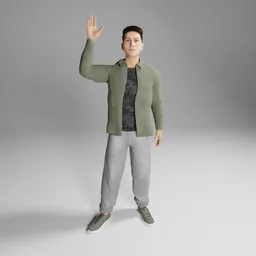 "Rigged 3D model of a man in casual wear, waving his hand. Created in Blender 3D software, this model features realistic detailing and no distortion on subject faces. Perfect for use in Unreal Engine 5 rendering and personal data avatar experiments."