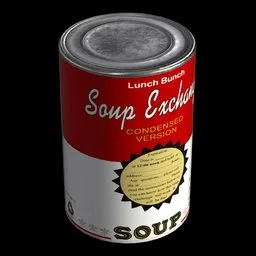Realistic 3D render of a red and white condensed soup can for Blender modeling and food-related visuals.