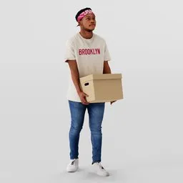 3D model of young guy in casual attire holding a box, for use in Blender 3D projects.