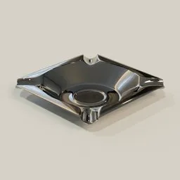 Realistic 3D-rendered ashtray model with reflective metallic finish, designed in Blender, suitable for art and design.