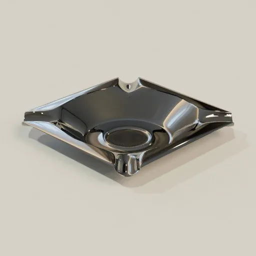 Realistic 3D-rendered ashtray model with reflective metallic finish, designed in Blender, suitable for art and design.