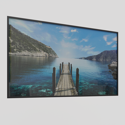"Get a hyperrealistic 3D model of a framed nature picture for Blender 3D. Featuring a serene dock on the water with a mountain in the background, this 8k resolution painting is perfect for virtual metaverse rooms and galleries. Well-rendered with full body backlighting and bright thin wires."