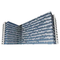 "3D model of a public commercial building with a clock on top, featuring a blue and white color scheme and numerous floors. Created using Autodesk 3D rendering software by Edi Rama and available for use in Blender 3D. Includes adjustable lights through the "Light array" object in the geometry nodes modifier."