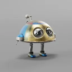 "Rusty fish robot 3D model with PBR texture for Blender 3D software. This adorable four-legged robot wearing a helmet and shoes is highly realistic and inspired by Alan Bean. Created by Fred A. Precht, this hovering drone features a cute little creature design and a tintype full body view."