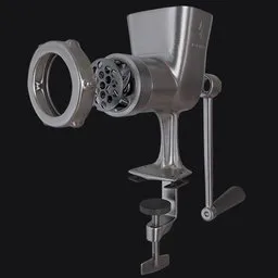 Detailed 3D model of a metal mincer with fine details and animation, compatible with Blender.