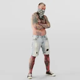 Realistic tattooed male character 3D model for Blender, with folded arms and streetwear attire.