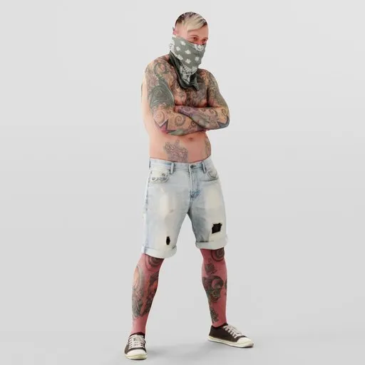 Realistic tattooed male character 3D model for Blender, with folded arms and streetwear attire.