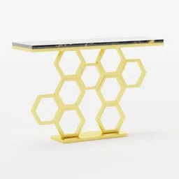 "Premium quality Honeycomb Motif Console Table in elegant gold body inspired by Muqi, designed with micro details and interconnections in Blender 3D. Ideal for bedroom, living room, office, and hotels with water splash proof and easy to clean surface. Ready to hang for a beautiful high definition look."