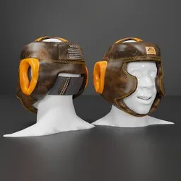 "Vintage comic amateur Boxing Facesaver 3D model for Blender 3D, featuring yellow and charcoal leather helmets with orange metal ears. Highly detailed and realistic rendering inspired by James Montgomery Flagg. Ideal for boxing enthusiasts and comic book fans."
