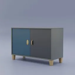 "Blender 3D model of a sturdy blue and grey children's cabinet with 2 doors and handle, suitable for storage and seating. Inspired by Sonia Delaunay-Terk and rendered by Chica Macnab and Daniel Ljunggren with wooden furniture in 2, 5, and 6 colors. Perfect for CAD and ukiyo projects."