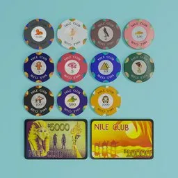 "Get ready for a game with the Nile Club Poker Chips, available in stunning ceramic. Perfect for poker enthusiasts who love African themes, these poker chips feature colorful Egyptian designs. Created using Blender 3D software."