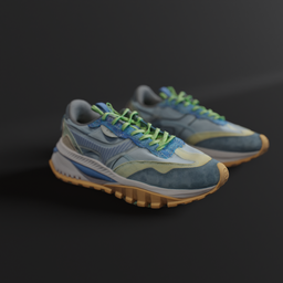 "Li-ning sneakers 3D model in muted colors, perfect for footwear category in Blender 3D. Inspired by Nína Tryggvadóttir, Edward Okuń and Greta Thunberg, with highly detailed design and blue-green shoelaces. Ideal for game character like Sims or tactically inspired scenes."