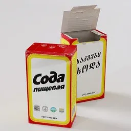 Realistic Blender 3D model of baking soda packs, both sealed and open, with scanned textures.