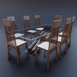 Realistic 3D model of a modern dining set with glass tabletop and wooden chairs tailored for Blender rendering.