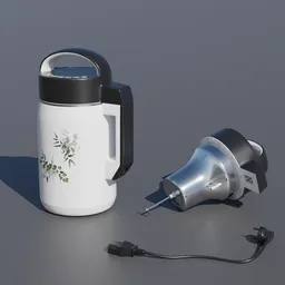 "Blender 3D model of a black and white soy milk maker, a small kitchen appliance for automatically cooking soy milk. The model features smooth shading techniques, filling plants, and ray traced sun light."