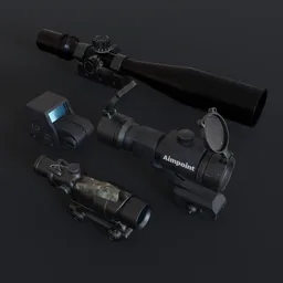Collection of four detailed 3D rifle scopes rendered for game asset use, created with Blender and Substance Painter.