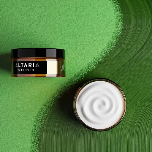 Realistic 3D-rendered ceramic jar mockup on textured green background, ideal for Blender artists and designers.