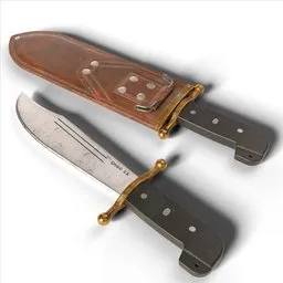 Detailed 3D model of a vintage bowie knife with sheath, ideal for Blender rendering and game asset design.