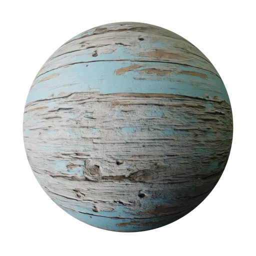 Detailed PBR texture of a weathered blue wooden plank with faded paint and etched grain for 3D and game design.
