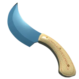 "Stylized low poly 3D render of a blue knife with a wooden handle on black background. Featuring a curved golden edge and pronounced cheekbones, inspired by Israel Tsvaygenbaum. Perfect for use in Blender 3D."