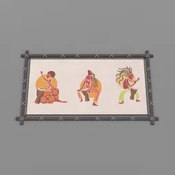 "Culture dancing art - 3D model for Blender 3D. Three people in traditional Himba attire dancing in front of an ornate border and concept art wall. Perfect for wall decoration and detailed game art illustration."