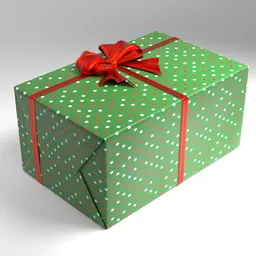 Detailed 3D model of a green gift box with red polkadot pattern and elegant bow for Blender rendering.