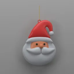 "3D model of a happy Santa Claus ornament with small dark grey beard, designed for Christmas tree decoration in Blender 3D software. Untextured asset on a grey background, rendered in 3D with the head centered and pendant hanging. Perfect for festive supplies category."