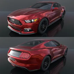 Detailed red 2015 muscle car, 3D model with interior, suited for Blender rendering and game engine integration.