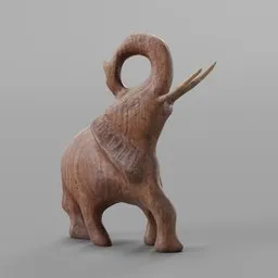 Detailed wooden elephant 3D model with intricate textures, ideal for Blender rendering and interior design visualization.