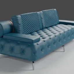 "A stunning blue Chesterfield sofa with a metal frame, designed for modern living rooms. Created in Blender 3D with Substance Designer height maps and skillfully rendered in the RE engine for exceptional detail. This mid-century inspired sofa features quality leather and a stylish turquoise color scheme, making it a perfect addition to any interior design project."