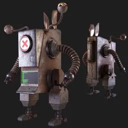 "Blender 3D Robot Model with Photorealistic Details and Substance Painter Material. Inspired by Raymond Briggs' Computer Game Art and Featuring Anthropomorphic Rat and Rabbit, Wrecked Technology, and Rusty Junk Gadgets for RPG Items and Discord Profile Pictures."