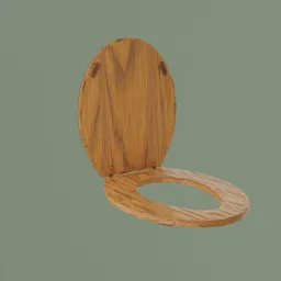Realistic oak wood 3D toilet seat model with brass hinges and plastic bumpers for Blender rendering.