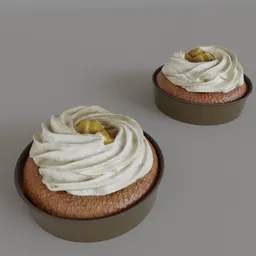Realistic digital 3D model of rum baba with cream topping for Blender renders and sweet food simulations.