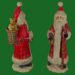 "Blender 3D Model of Christmas Santa with Bag of Toys - Detailed Product Photo with Vintage Shading and Surface Blemishes. Manufactured in the 1920s, this Sculpture is a Decorative Ornament featuring Two Santas Standing next to each other. Perfect for 3D Style computer graphics and available as a Google Images Dataset."