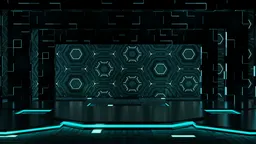 Black and teal 3D neon display scene with hexagonal patterns and dynamic blue-orange lighting for product showcasing.