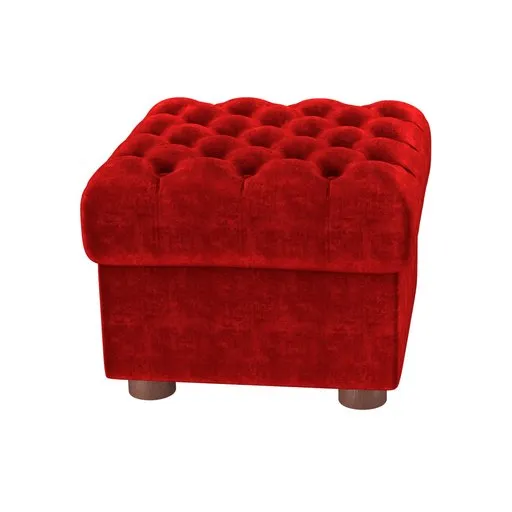 Detailed red velvet tufted pouf, realistic Blender 3D rendering, furniture modeling showcase.