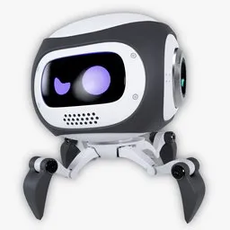 Compact futuristic robot with expressive screen eyes, articulated limbs, detailed in Blender 3D.