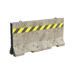 "Damaged and cracked concrete barrier with yellow and black stripes, suitable for Blender 3D software. This 3D model features metal borders, scratches, a warning sign, and a stand. Ideal for creating realistic scenes in Unreal Engine 5 or for use in AI apps, game development, and architectural visualization."