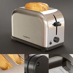 Realistic 3D model of a stainless steel two-slice toaster with detailed textures and dials, perfect for Blender 3D rendering.