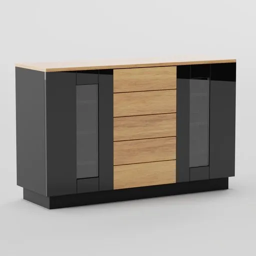 Elegant 3D rendered sideboard with glass doors and wooden drawers for interior design in Blender.