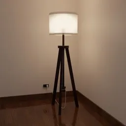 Realistic 3D-rendered floor lamp with a white shade and wooden tripod stand for Blender modeling.