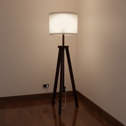 "Hyper-realistic Blender 3D model of a tall and slender floor lamp with wooden tripod frame and white reflective light. Perfect for interior design projects. Includes adapter and socket."