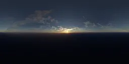 Warm sunrise over ocean with clear skies and soft clouds, 16K texture lighting for realistic scene rendering.