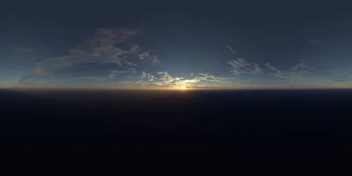 Warm sunrise over ocean with clear skies and soft clouds, 16K texture lighting for realistic scene rendering.