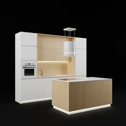 "Highly detailed Kitchen Set 02 in Blender 3D featuring stove, sink, and realistic appliances. Its elegant asymmetrical design creates a thin monolith with a white wood finish. This photorealistic 3D model is perfect for creating realistic kitchen scenes."