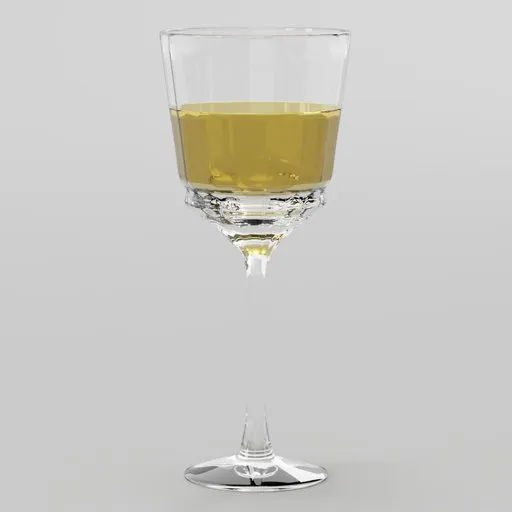 Detailed 3D model of a half-full wine glass, showcasing realistic liquid and glass textures, designed in Blender.