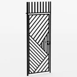 "Black metal gate with lock - a 3D model in Blender 3D. Inspired by Lyubov Popova, this steel gate features a sharp metal crest and small path leading up to the door. Perfect for outdoor areas including gardens and bars."