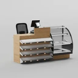 "Coffee shop cashier 3D model for Blender 3D software, featuring a small counter with a computer and well-rendered shelves filled with tomes. This restaurant-bar category asset offers a symmetrical and tall thin frame design, with a panorama render and pale gradients. Ideal for creating realistic coffee shop scenes in 3D renders and animations."